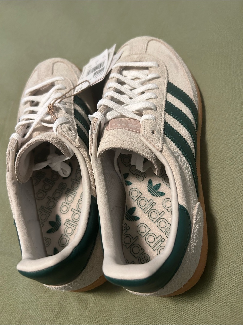 adidas Suede Sneakers in Off-White with Dark Green Stripes and Gum Sole - Picture 5 of 15